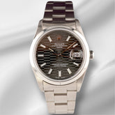 Rolex Date 34mm Ladies Grey Motif Dial Smooth Oyster Steel Watch 15000